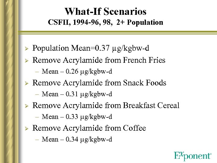 What-If Scenarios CSFII, 1994 -96, 98, 2+ Population Ø Ø Population Mean=0. 37 µg/kgbw-d