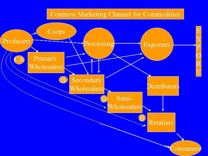 Common Marketing Channel for Commodities Coops Producers CA Processing Exporters Primary Wholesalers B Secondary