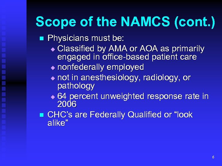 Scope of the NAMCS (cont. ) n n Physicians must be: u Classified by