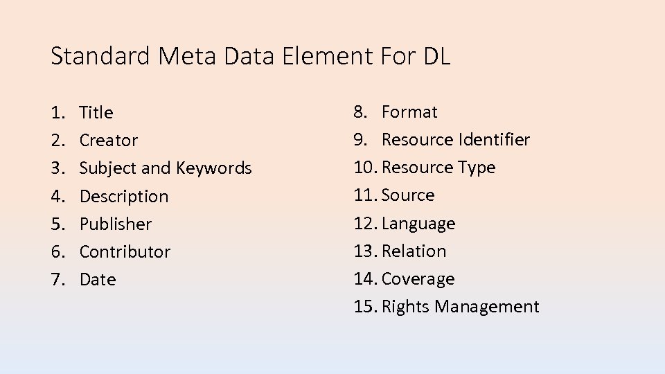 Standard Meta Data Element For DL 1. 2. 3. 4. 5. 6. 7. Title