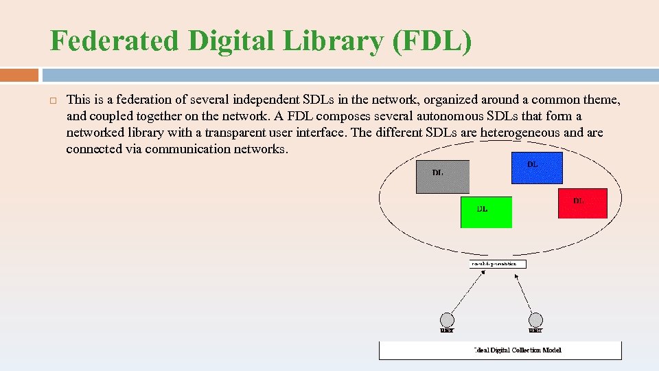 Federated Digital Library (FDL) This is a federation of several independent SDLs in the