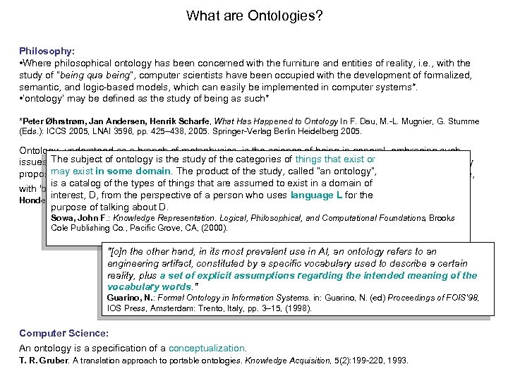 What are Ontologies? Philosophy: • Where philosophical ontology has been concerned with the furniture
