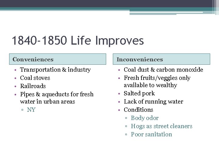 1840 -1850 Life Improves Conveniences Inconveniences • • • Coal dust & carbon monoxide