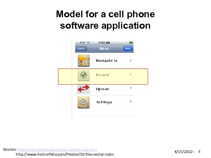 Model for a cell phone software application Sources: http: //iconsdepot. com/tenius-iphone-icon-set/ http: //www. dezinerfolio.