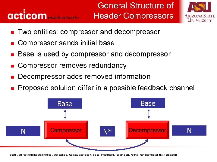 General Structure of Header Compressors n Two entities: compressor and decompressor n Compressor sends