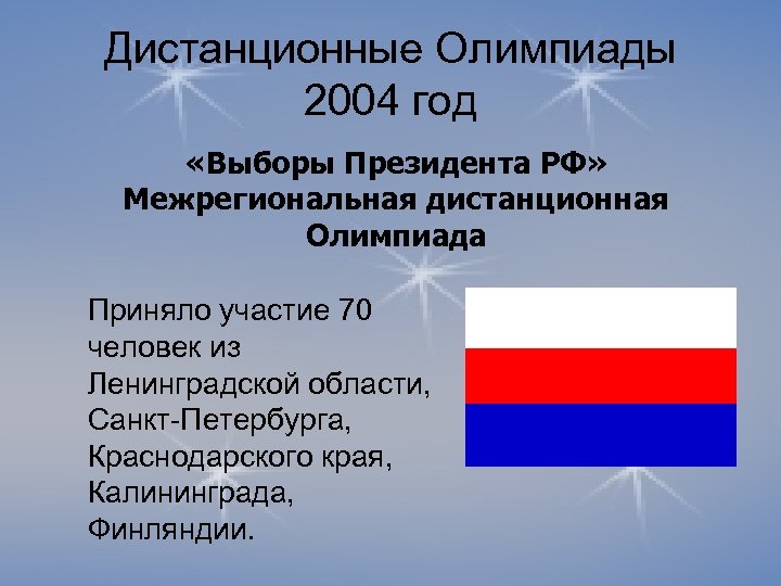Дистанционные Олимпиады 2004 год «Выборы Президента РФ» Межрегиональная дистанционная Олимпиада Приняло участие 70 человек