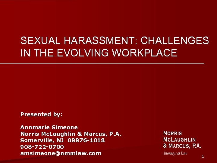 SEXUAL HARASSMENT: CHALLENGES IN THE EVOLVING WORKPLACE Presented by: Annmarie Simeone Norris Mc. Laughlin