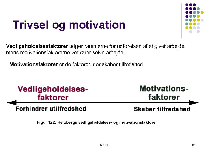 Trivsel og motivation Vedligeholdelsesfaktorer udgør rammerne for udførelsen af et givet arbejde, mens motivationsfaktorerne
