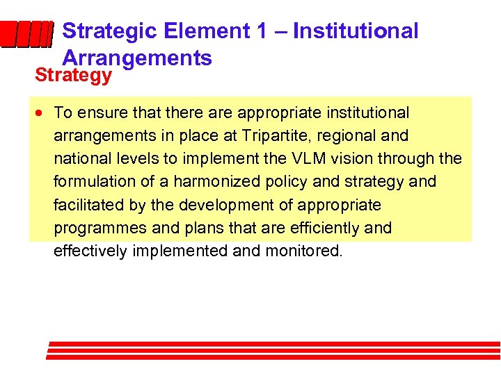 Strategic Element 1 – Institutional Arrangements Strategy To ensure that there appropriate institutional arrangements