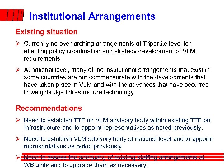 Institutional Arrangements Existing situation Ø Currently no over-arching arrangements at Tripartite level for effecting