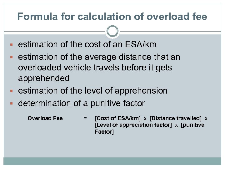 Formula for calculation of overload fee estimation of the cost of an ESA/km estimation