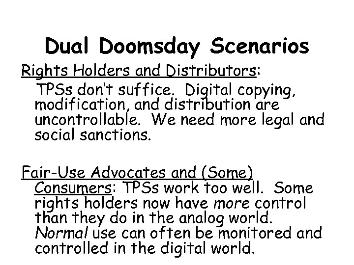 Dual Doomsday Scenarios Rights Holders and Distributors: TPSs don’t suffice. Digital copying, modification, and