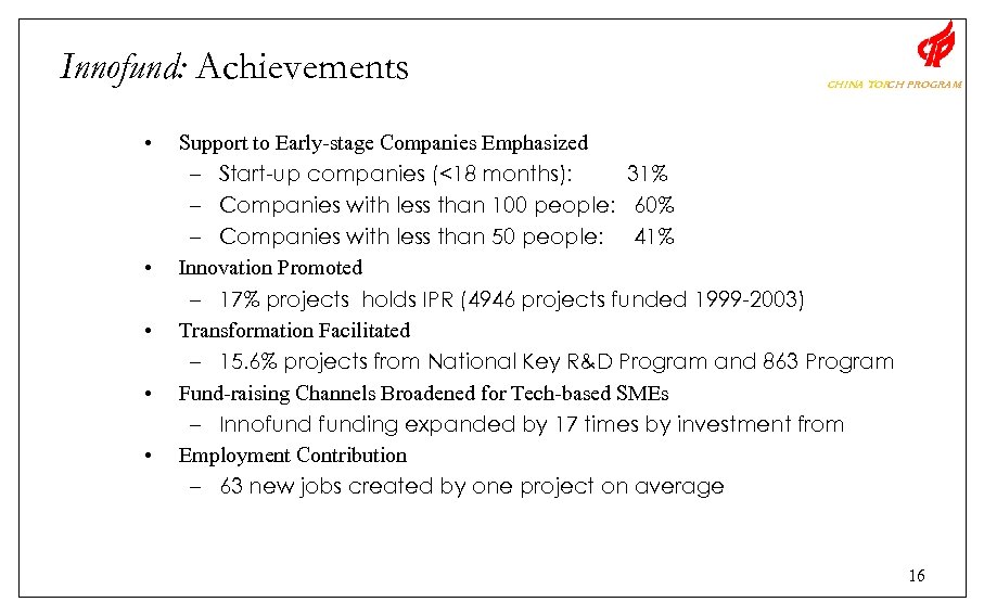 Innofund: Achievements • • • CHINA TOR PROGRAM CH Support to Early-stage Companies Emphasized