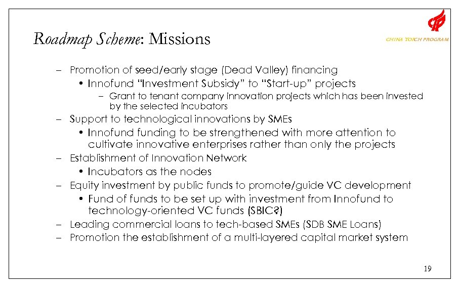 Roadmap Scheme: Missions CHINA TOR PROGRAM CH – Promotion of seed/early stage (Dead Valley)