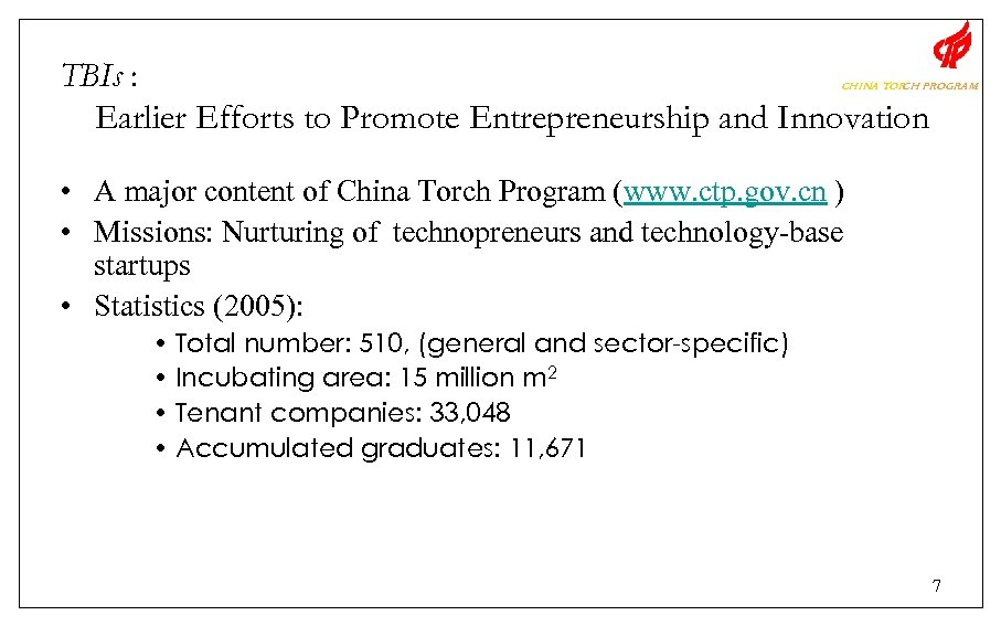 TBIs : Earlier Efforts to Promote Entrepreneurship and Innovation CHINA TOR PROGRAM CH •