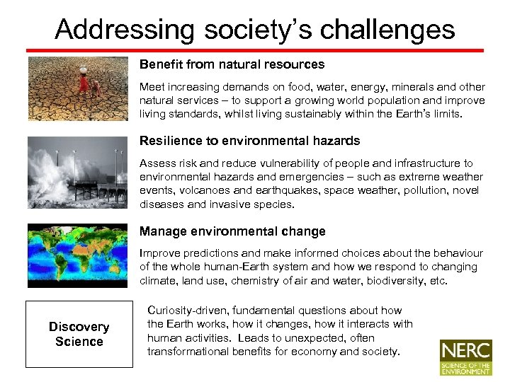 Addressing society’s challenges Benefit from natural resources Meet increasing demands on food, water, energy,