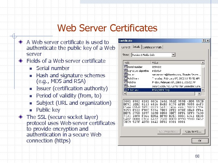 Web Server Certificates A Web server certificate is used to authenticate the public key
