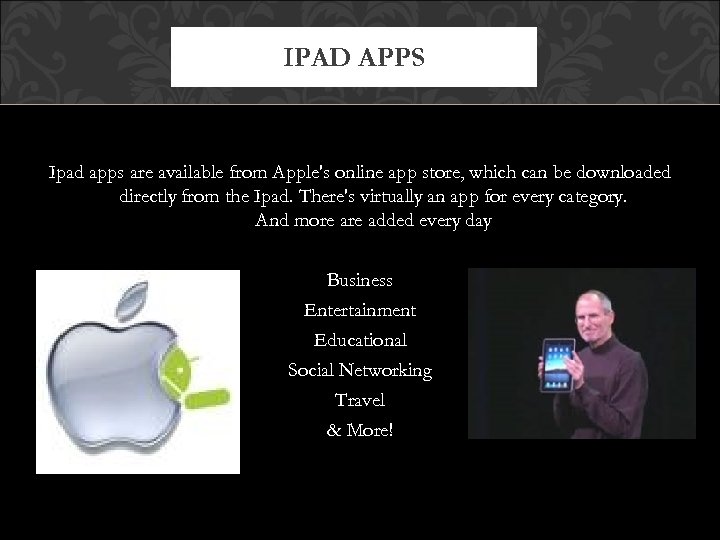 IPAD APPS Ipad apps are available from Apple's online app store, which can be