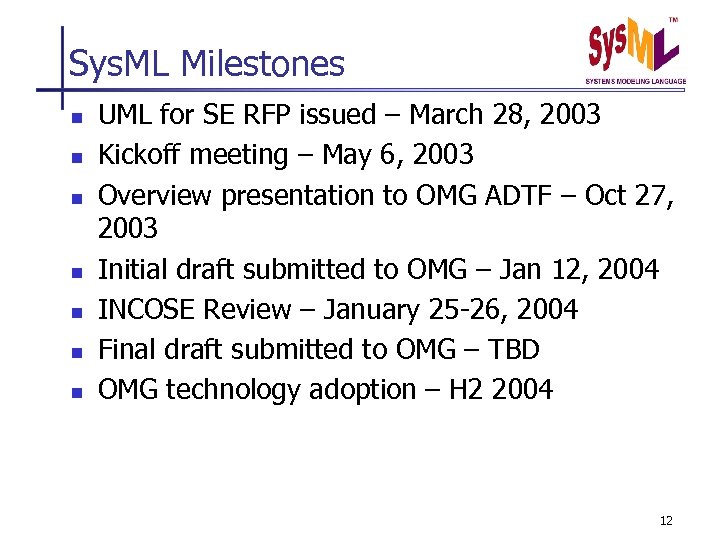Sys. ML Milestones n n n n UML for SE RFP issued – March