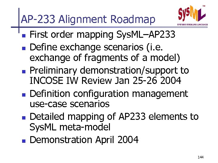 AP-233 Alignment Roadmap n n n First order mapping Sys. ML–AP 233 Define exchange