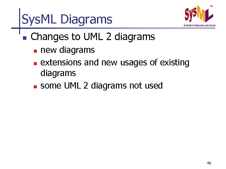Sys. ML Diagrams n Changes to UML 2 diagrams n new diagrams extensions and