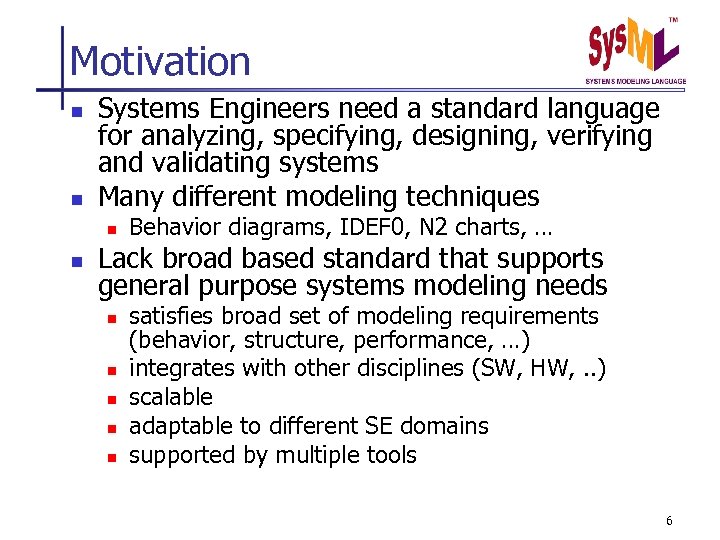 Motivation n n Systems Engineers need a standard language for analyzing, specifying, designing, verifying