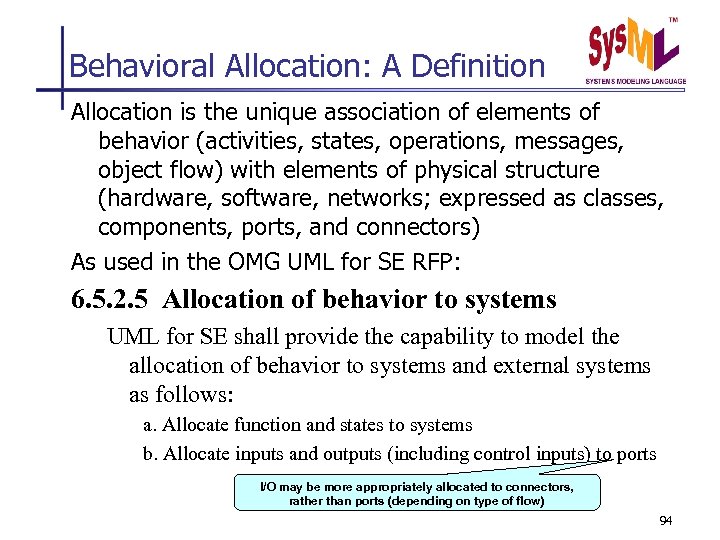 Behavioral Allocation: A Definition Allocation is the unique association of elements of behavior (activities,
