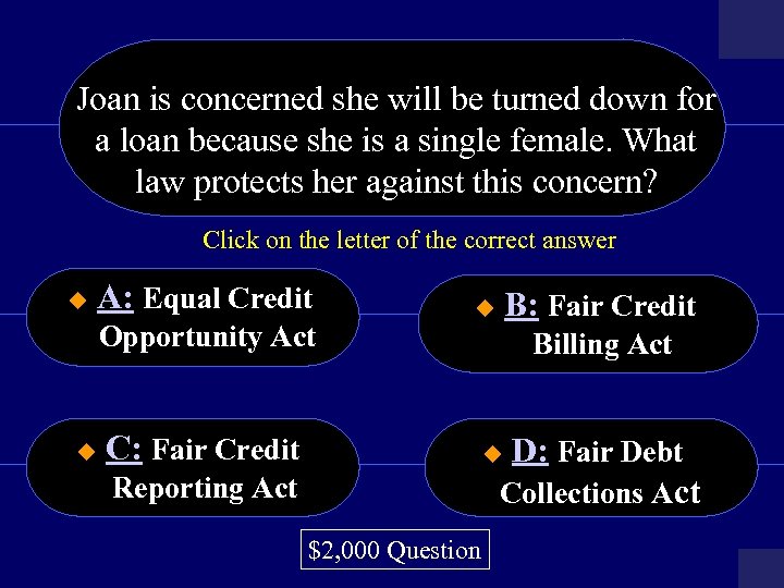 Joan is concerned she will be turned down for a loan because she is