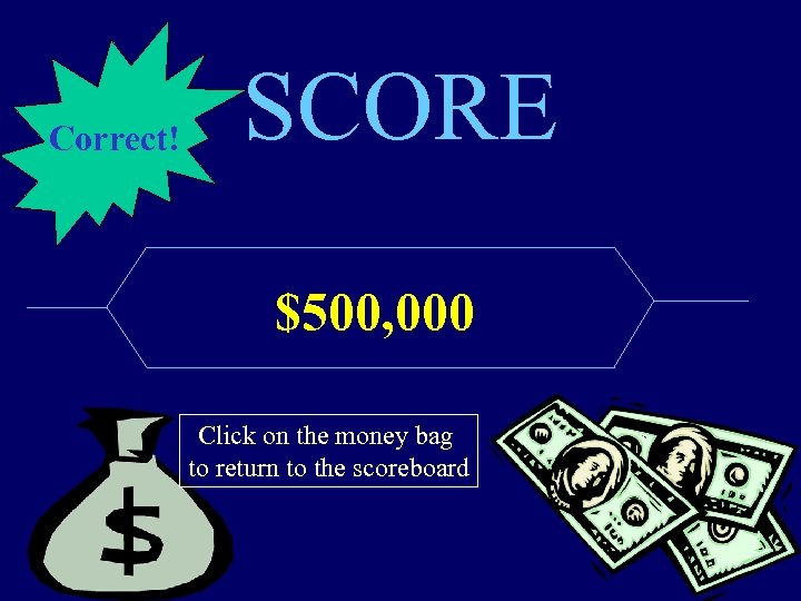 Correct! SCORE $500, 000 Click on the money bag to return to the scoreboard