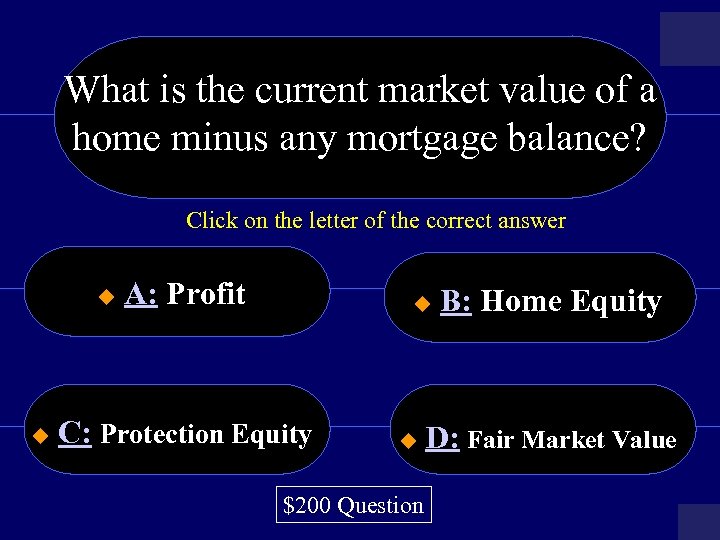 What is the current market value of a home minus any mortgage balance? Click