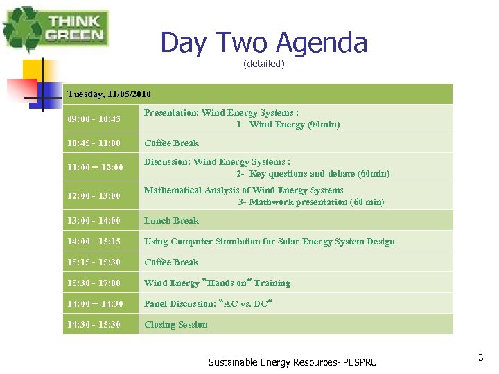 Day Two Agenda (detailed) Tuesday, 11/05/2010 09: 00 - 10: 45 Presentation: Wind Energy