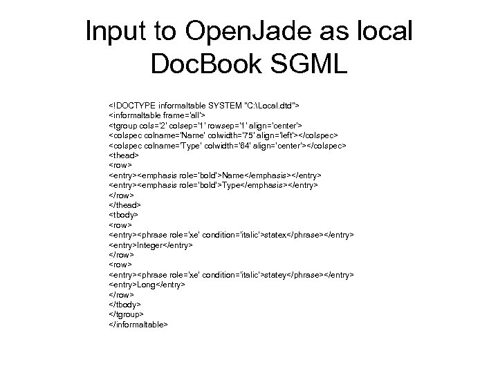 Input to Open. Jade as local Doc. Book SGML <!DOCTYPE informaltable SYSTEM 
