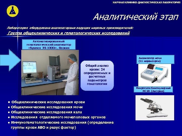 НАУЧНАЯ КЛИНИКО-ДИАГНОСТИЧЕСКАЯ ЛАБОРАТОРИЯ Аналитический этап 00000 Группа общеклинических и гематологических исследований Лаборатория оборудована анализаторами