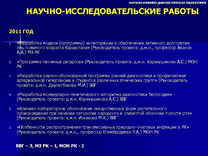 НАУЧНАЯ КЛИНИКО-ДИАГНОСТИЧЕСКАЯ ЛАБОРАТОРИЯ НАУЧНО-ИССЛЕДОВАТЕЛЬСКИЕ РАБОТЫ 2011 ГОД 1. «Разработка модели (программы) антистарения в обеспечении