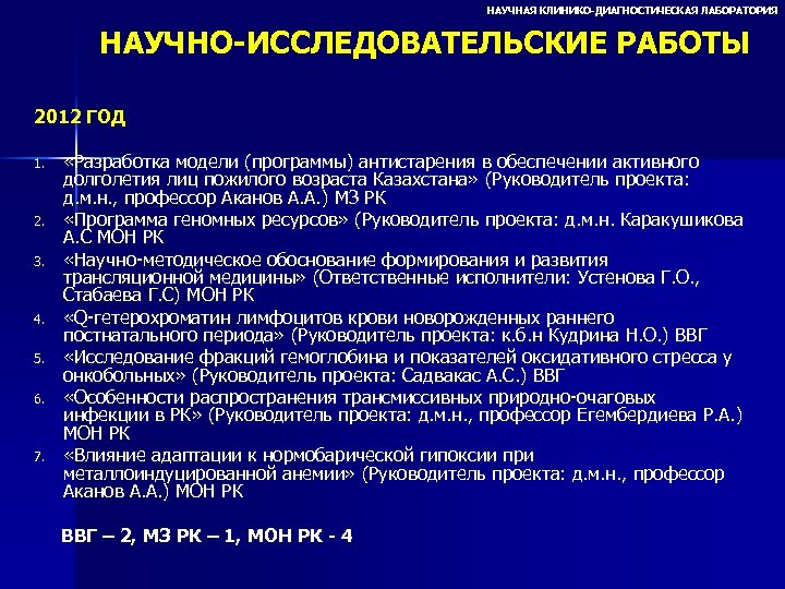 НАУЧНАЯ КЛИНИКО-ДИАГНОСТИЧЕСКАЯ ЛАБОРАТОРИЯ НАУЧНО-ИССЛЕДОВАТЕЛЬСКИЕ РАБОТЫ 2012 ГОД 1. 2. 3. 4. 5. 6. 7.