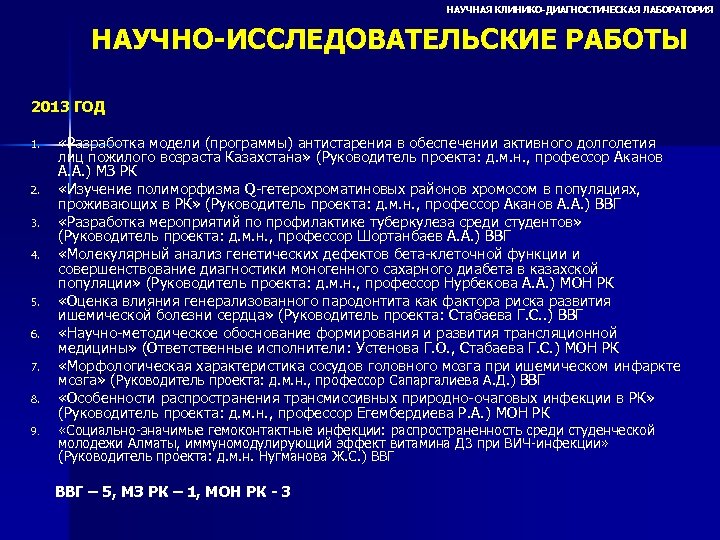 НАУЧНАЯ КЛИНИКО-ДИАГНОСТИЧЕСКАЯ ЛАБОРАТОРИЯ НАУЧНО-ИССЛЕДОВАТЕЛЬСКИЕ РАБОТЫ 2013 ГОД 1. 2. 3. 4. 5. 6. 7.