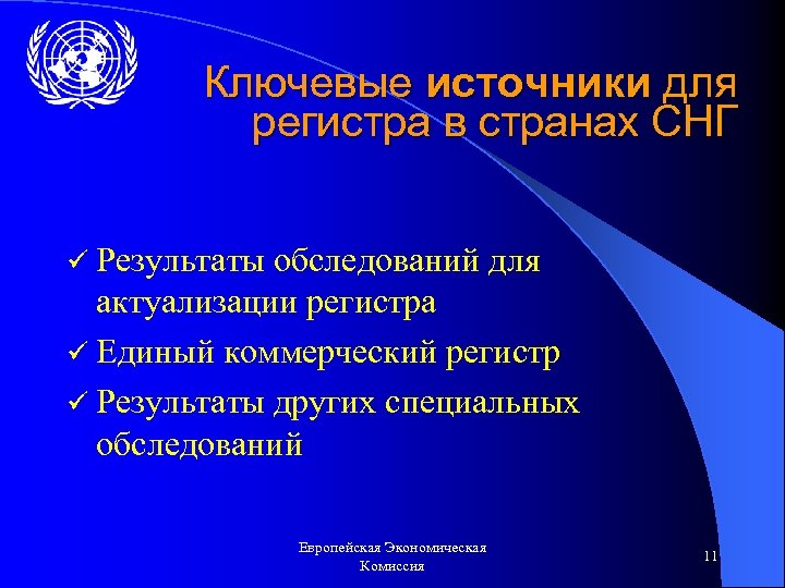 Ключевые источники для регистра в странах СНГ ü Результаты обследований для актуализации регистра ü