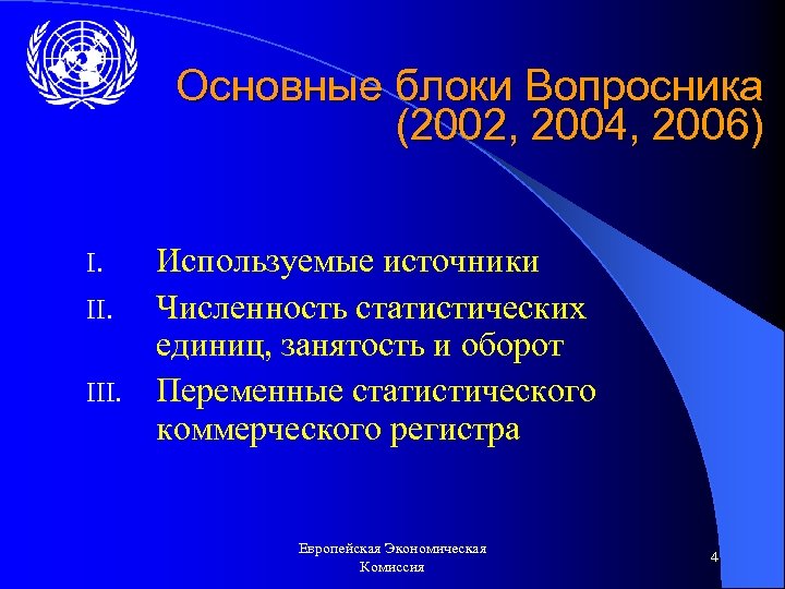 Основные блоки Вопросника (2002, 2004, 2006) Используемые источники II. Численность статистических единиц, занятость и