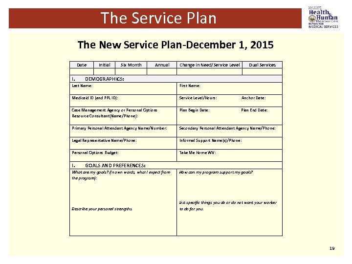 The Service Plan The New Service Plan-December 1, 2015 Date I. Initial Six Month