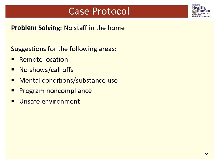 Case Protocol Problem Solving: No staff in the home Suggestions for the following areas: