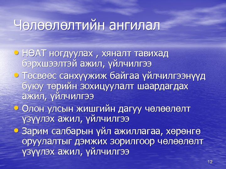 Чөлөөлөлтийн ангилал • НӨАТ ногдуулах , хяналт тавихад бэрхшээлтэй ажил, үйлчилгээ • Төсвөөс санхүүжиж