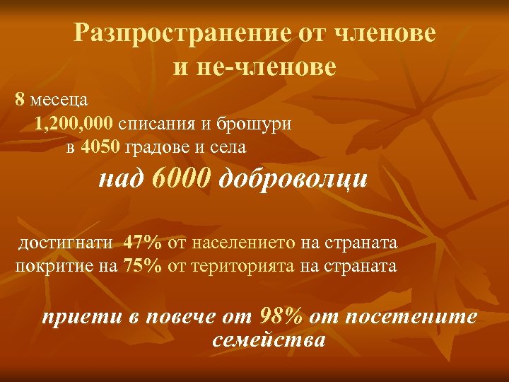 Разпространение от членове и не-членове 8 месеца 1, 200, 000 списания и брошури в