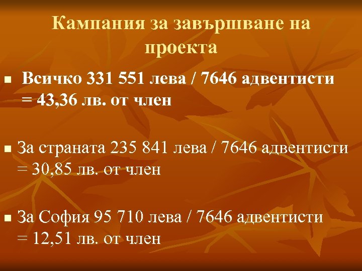 Кампания за завършване на проекта n n n Всичко 331 551 лева / 7646