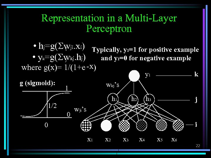 Representation in a Multi-Layer Perceptron • hj=g( wji. xi) i • yk=g( wkj. hj)