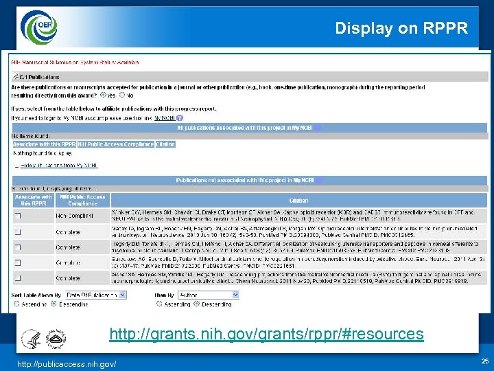 Display on RPPR 10 http: //grants. nih. gov/grants/rppr/#resources http: //publicaccess. nih. gov/ 25 