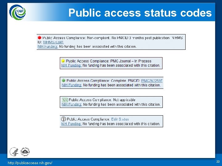 Public access status codes http: //publicaccess. nih. gov/ 33 