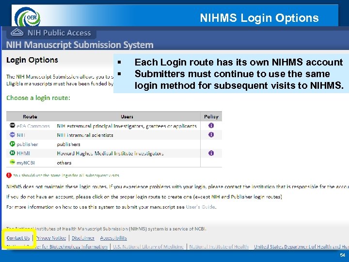 NIHMS Login Options § § Each Login route has its own NIHMS account Submitters