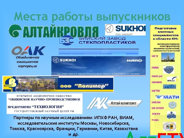 Места работы выпускников Объединенная авиационная корпорация Партнеры по научным исследованиям: ИПХФ РАН, ВИАМ, исследовательские