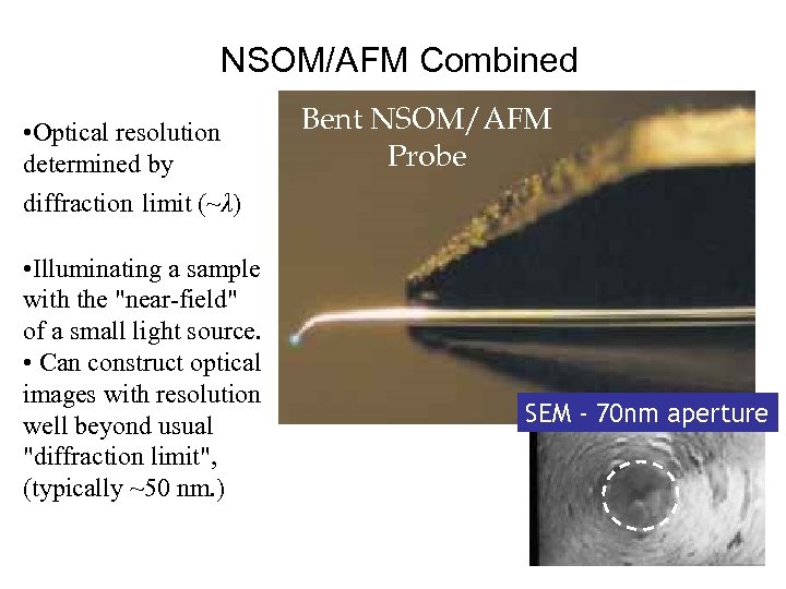 NSOM/AFM Combined • Optical resolution determined by diffraction limit (~λ) • Illuminating a sample