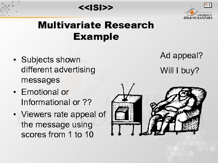 <<ISI>> Multivariate Research Example • Subjects shown different advertising messages • Emotional or Informational